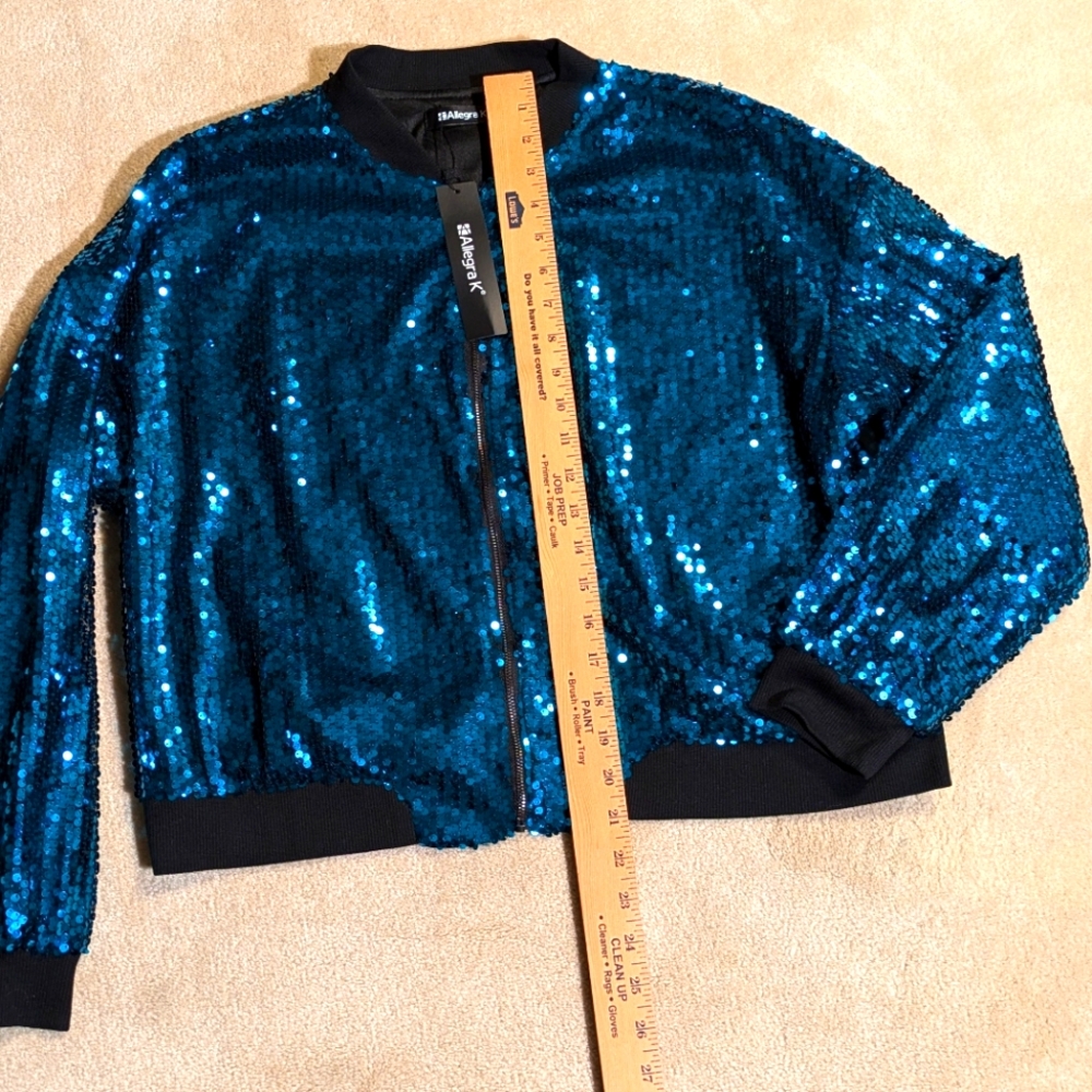 NWT Allegra K Teal Blue Sequin Sparkle Zip Front Bomber Evening Jacket Y2K L - Picture 6 of 10